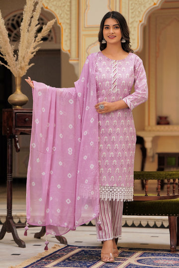 Purple Cotton Kurta Dupatta Pant Sets